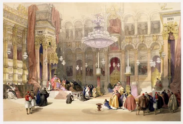 Église grecque du Saint-Sépulcre, Jérusalem, 11 avril 1839, planche 4 du volume I de «La Terre sainte», gravée par Louis Haghe (1806-85), publiée en 1842