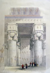 Vue sous le portique du temple de Dendera", vers 1839. Lithographie de 1856 d
