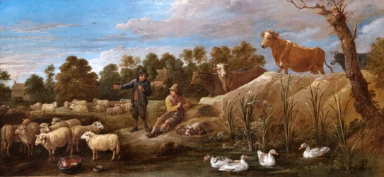 Paysage avec deux bergers, bétail et canards, 17ème siècle