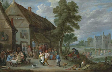 Paysans dansant devant une auberge à Perck, avec le Kasteel de Drij Toren au-delà.