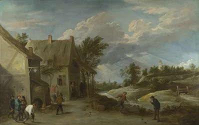 Paysans jouant aux boules devant une auberge de village, vers 1660