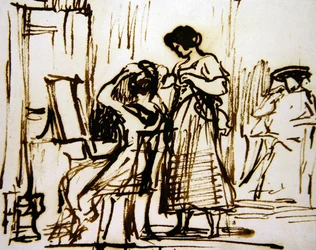 Un intérieur avec une femme se coiffant