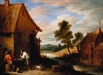Paysage fluvial avec paysans devant une taverne