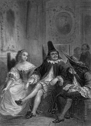 Pièce de théâtre Le Médecin malgré lui de Molière : Lucinde, Sganarelle et Géronte, gravure de Delannoy d