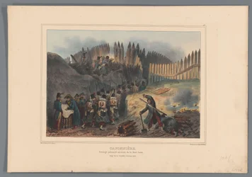 Groupe de soldats traversant une ouverture dans la palissade, 1832