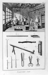 Boutique de fourreurs avec murs doublés de manchons et peaux suspendues aux chevrons, 1751-1777