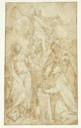 Christ dans les nuages, porté par des anges, apparaissant à un évêque à un pupitre de lecture, un évêque saint (Saint Augustin ?) et Catherine d