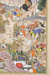 Détail de la prise de la forteresse de Kaboul par les troupes de Babur, vers 1590-1600 (aquarelle opaque et or sur papier)