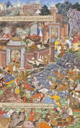 Fuite du sultan Bahadur lors de la campagne de Humayun en 1535 au Gujarat, c.1590