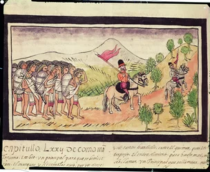 Fol.204v Les Indiens Totonaques aidant les Conquistadors à transporter des matériaux, 1579