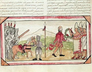 Fol.208v Rencontre de Hernando Cortes (1485-1547) et Montezuma (1466-1520), miniature de 