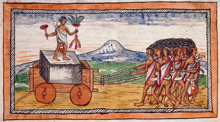 Les Aztèques transportant des pierres pour construire leurs villes, aquarelle de l