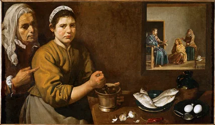 Scène de cuisine avec le Christ dans la maison de Marthe et Marie, sœurs de Lazare (huile sur toile)