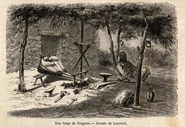 Une forge tzigane dans la région de Valachie, Roumanie. Gravure pour illustrer le voyage de Paris à Bucarest, par Lancelot, dessinateur, en 1860, publié dans « Le tour du monde, nouveau journal des voyages »