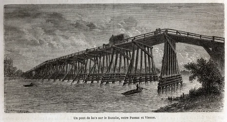 Un pont en bois sur le Danube, entre Passau et Vienne, dessin de Lancelot, pour illustrer le voyage de Victor Duruy de Paris à Bucarest en 1860. Gravure dans « Le tour du monde », édité par Edouard Charton