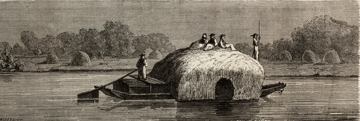 Coupe, récolte et transport de fourrage sur les rives du Danube. Dessin de Lancelot pour illustrer son voyage de Paris à Bucarest en 1860. Gravure dans « Le tour du monde », édité par Édouard Charton