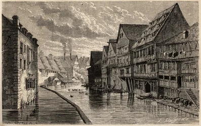Vieilles tanneries, à Ulm, dessin par Lancelot, pour illustrer le voyage de Victor Duruy de Paris à Bucarest en 1860. Gravure dans « Le tour du monde », édité par Edouard Charton