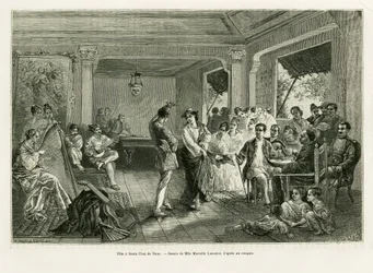 Fête à Santa Cruz de Nano. Gravure de Lancelot pour illustrer le récit Luçon et Palaouan, six ans aux Philippines, par Alfred Marche (1844-1898), dans Le Tour du monde 1886, dirigé par Édouard Charton (1807-1890), Hachette, Paris.