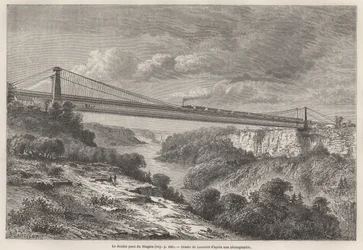 Le pont double du Niagara, dessin de Lancelot, pour illustrer les voyages de L. Deville en Amérique du Nord en 1854-55. Gravure dans "Le tour du monde" 1861. Collection Selva.