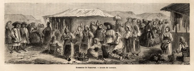 La population ambulante de Tesmevar (ou Timișoara) en Roumanie. Gravure pour illustrer le voyage de Paris à Bucarest, par Lancelot, dessinateur, en 1860, publié dans « Le tour du monde, nouveau journal des voyages », sous la direction d