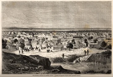 Vue de Kano (ville et état au nord du Nigeria actuel), entrepôt du Soudan central, dessin de Lancelot, pour illustrer le voyage de 1849-1855, au centre de l