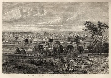Vue de Melbourne (Australie), dessin de Lancelot, pour illustrer les souvenirs d