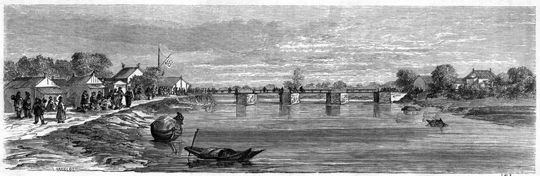 Vue du pont sur la rivière Suzhou près de Shanghai en 1860, Chine. Gravure par Lancelot, dans « Le Tour du Monde, Nouveau journal des Voyages », édité par Edouard Charton, Paris