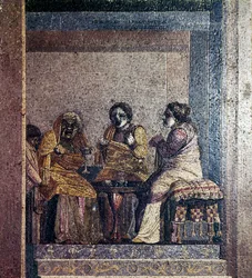 Mosaïque romaine de Scène de pièce avec des acteurs masqués, Villa de Cicéron, Pompéi, c2e siècle av. J.-C.