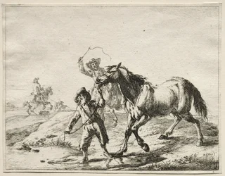 Un garçon menant un cheval boire