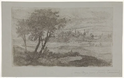 Paysage avec arbres au premier plan et une charrue dans le champ