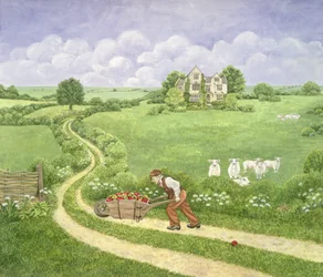 La brouette de pommes : Joseph Poorgrass poussant une brouette de pommes à la résidence de Bathsheba, de Loin de la foule déchaînée, par Thomas Hardy