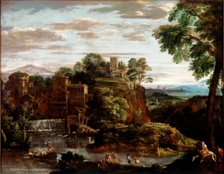 Paysage avec la fuite en Égypte. Peinture de Domenico Zampieri dit Le Dominiquin (1581-1641)