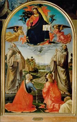 Le Christ en gloire avec les saints Benedetto, Romualdo, Attinea et ... (peinture sur bois)