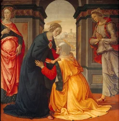 Visitation : la Vierge Marie rend visite à Élisabeth, entre Marie Jacobé et Marie Salomé, témoins de la Crucifixion et de la Résurrection, 1491