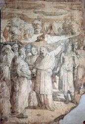 Histoire de Moïse sur le mont Sinaï : les Hébreux attendent le retour de Moïse. Dessin préparatoire pour le pavement de la cathédrale de Sienne. Dates de vie de l