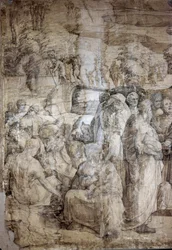 Histoire de Moïse sur le mont Sinaï : les Hébreux attendent le retour de Moïse. Dessin préparatoire pour le pavement de la cathédrale de Sienne. Dates de vie de l