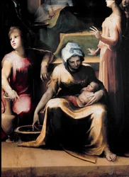 La naissance de la Vierge. Détail montrant une servante avec le nouveau-né