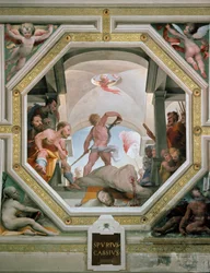 La décapitation de Spurius Cassius Vecellinus exécuté par son père pour avoir envisagé de devenir roi en 485 av. J.-C. Fresque par Domenico Beccafumi 1529-1535 Sienne, Palazzo pubblico