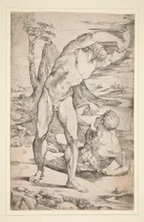 Deux hommes nus dans un paysage
