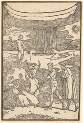 Vulcan et le philosophe (Teoria) partent à la recherche des métaux emprisonnés dans la roche, feuille 2 de la série « De la Pirotechnia »