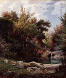 Paysage de nature, sous-bois et ruisseau avec cascade