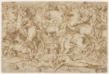 Scène de bataille avec des chevaux et des hommes