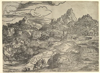 Paysage avec une famille marchant ensemble au premier plan, à gauche deux figures