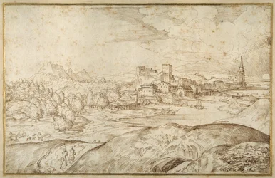Paysage montagneux avec une rivière et une ville fortifiée avec une tour à flèche