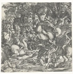 Hommes nus avec des lances à cheval au combat