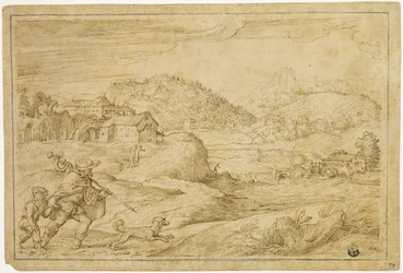 Paysage fluvial avec Saint Roch et un enfant voyageant avec un chien