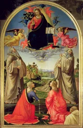 Christ en gloire avec Saint Benoît (c.480-547), Saint Romuald (c.952-1027), Sainte Attinia, Sainte Grecinia et le donateur, abbé Buonvicini, 1492 (panneau)