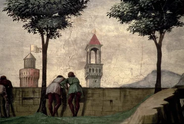 Hommes regardant par-dessus un mur, de la Visitation