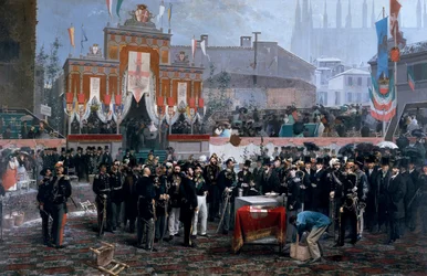 Cérémonie de pose de la première pierre de la Galleria Victor Emmanuel II à Milan, 7 mars