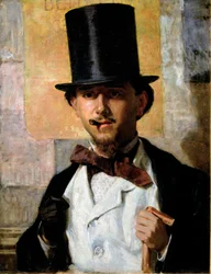 Portrait du peintre italien Bernardo Celentano (1835-1863). Homme élégant en haut-de-forme et costume, avec nœud papillon, canne et gant. 1859. Dimensions : 67 x 52 cm. Rome, Galleria Nazionale d
